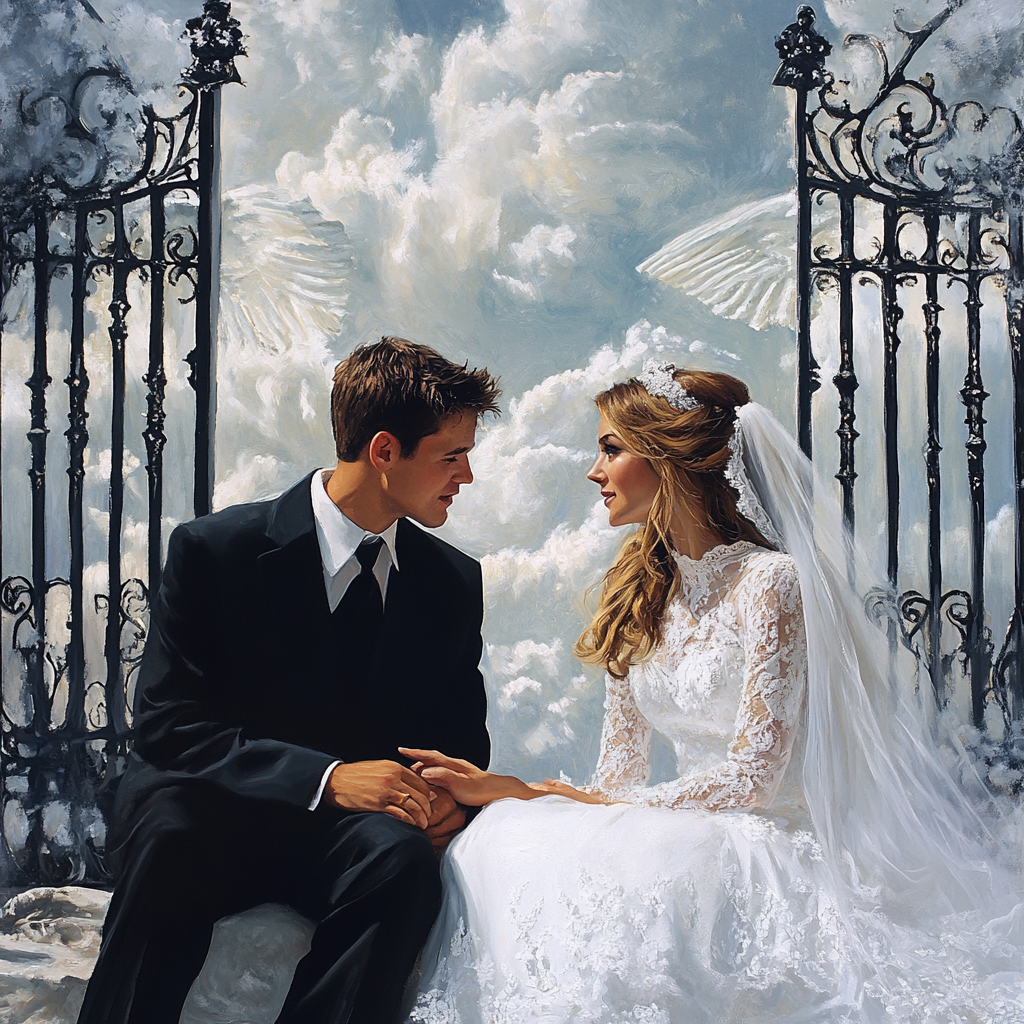 Une mariée et un marié assis à l'extérieur de la Porte de Pearly du paradis | Source : Midjourney