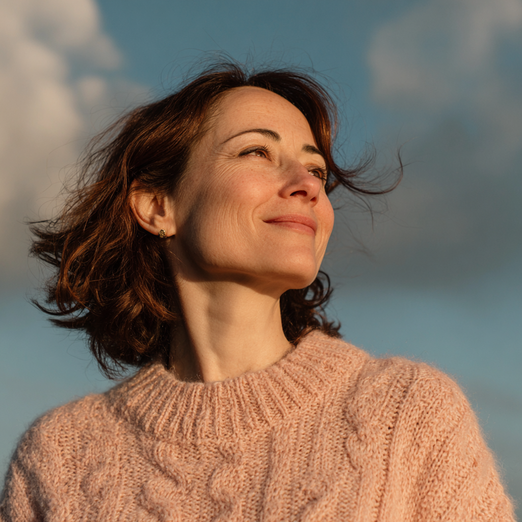 Une femme debout à l'extérieur et souriante | Source : Midjourney