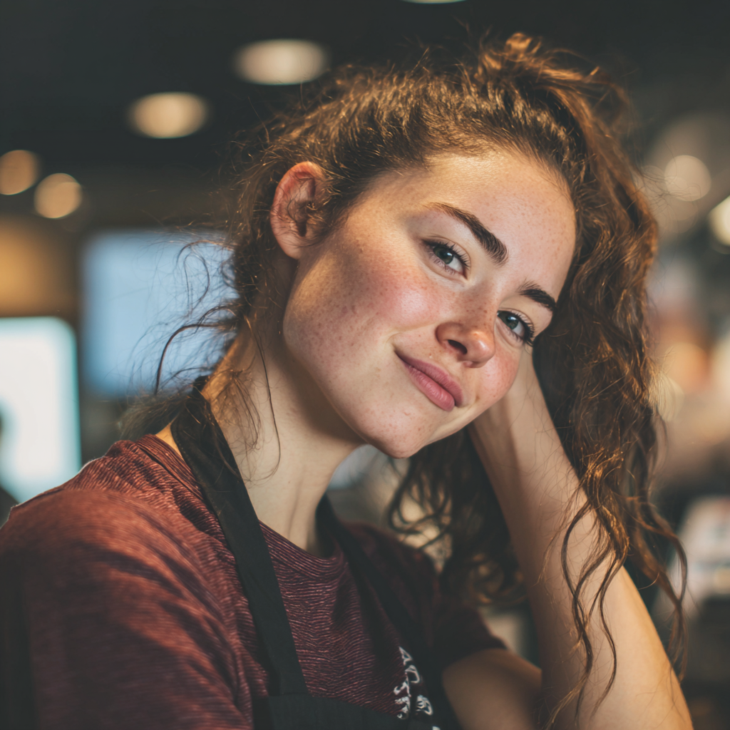 Une femme souriante debout dans un café | Source : Midjourney