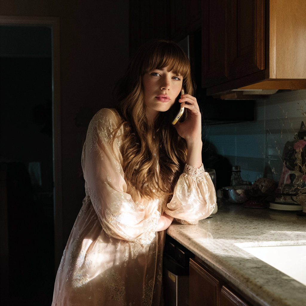 Une femme appuyée sur un comptoir de cuisine | Source : Midjourney