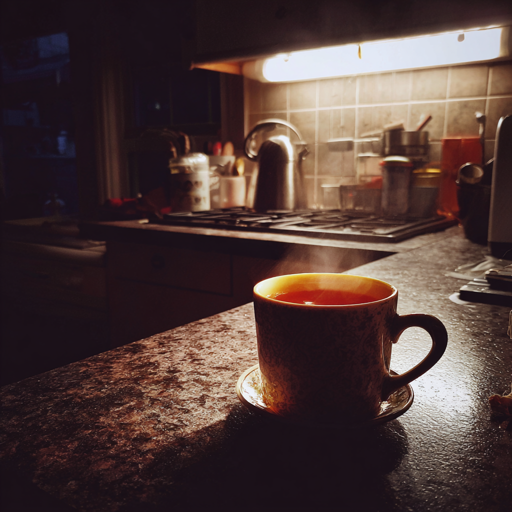 Une tasse de thé sur un comptoir de cuisine | Source : Midjourney