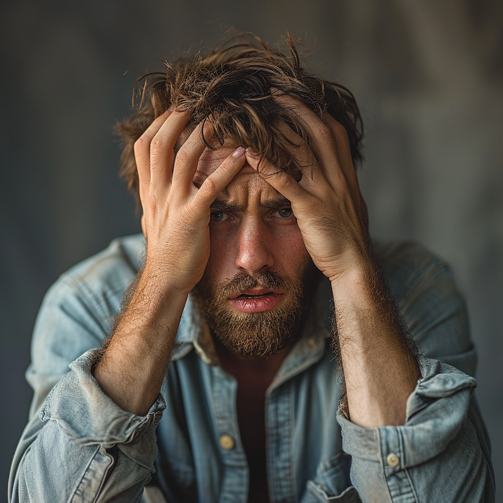 Een gefrustreerde man houdt zijn hoofd vast | Bron: Midjourney