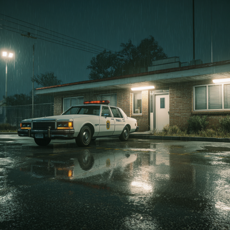 Une voiture de police devant un poste de police | Source : Midjourney