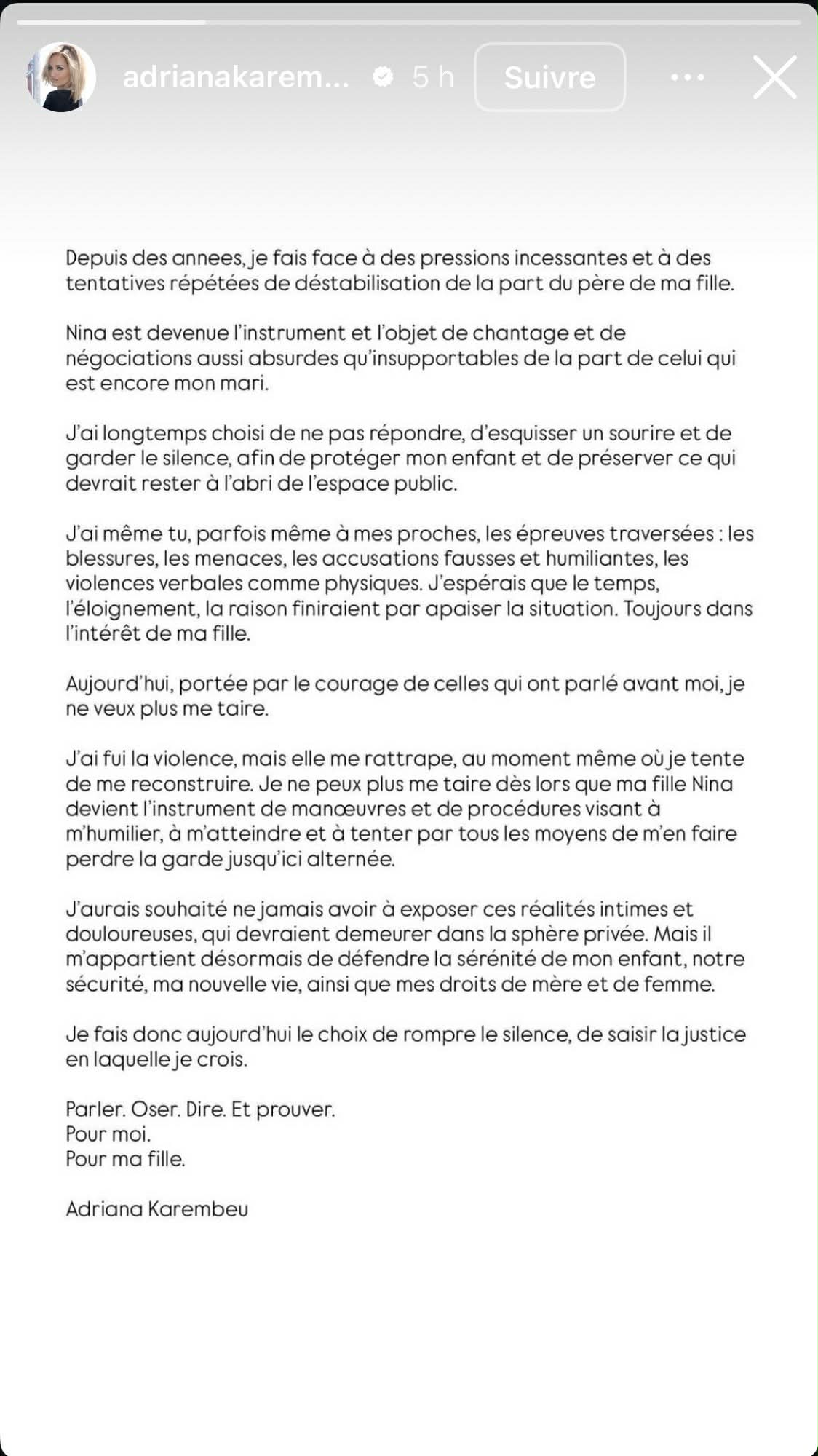 Capture d'écran d'une story I Source : https://www.instagram.com/adrianakarembeusklenarikova/