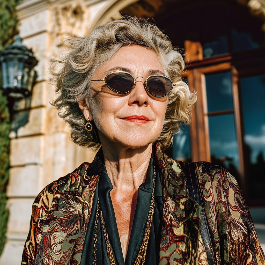 Une femme sourit alors qu'elle se tient à l'entrée de sa maison | Source : Midjourney