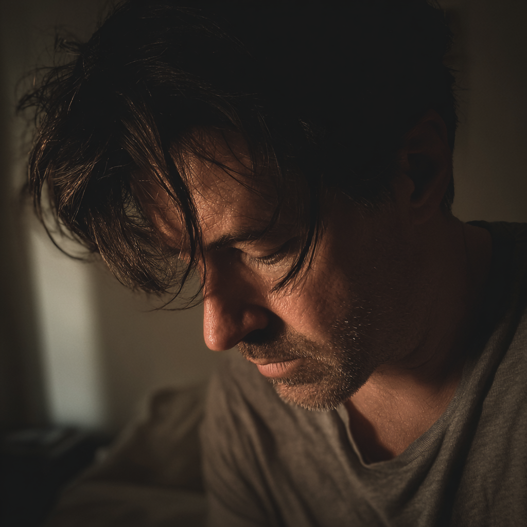 Un homme bouleversé qui regarde vers le bas | Source : Midjourney