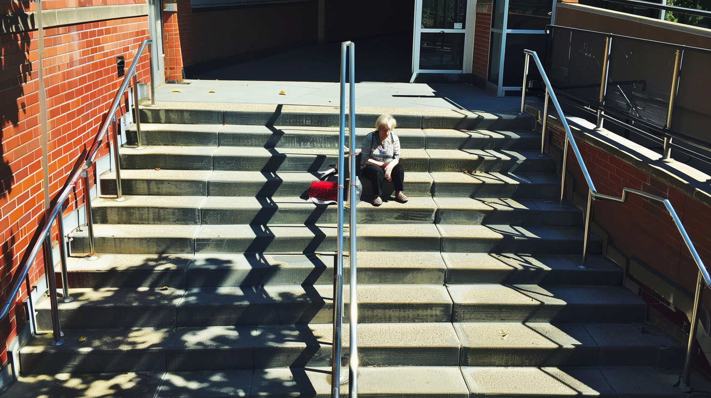 Vieille dame assise sur les escaliers | Source : Midjourney