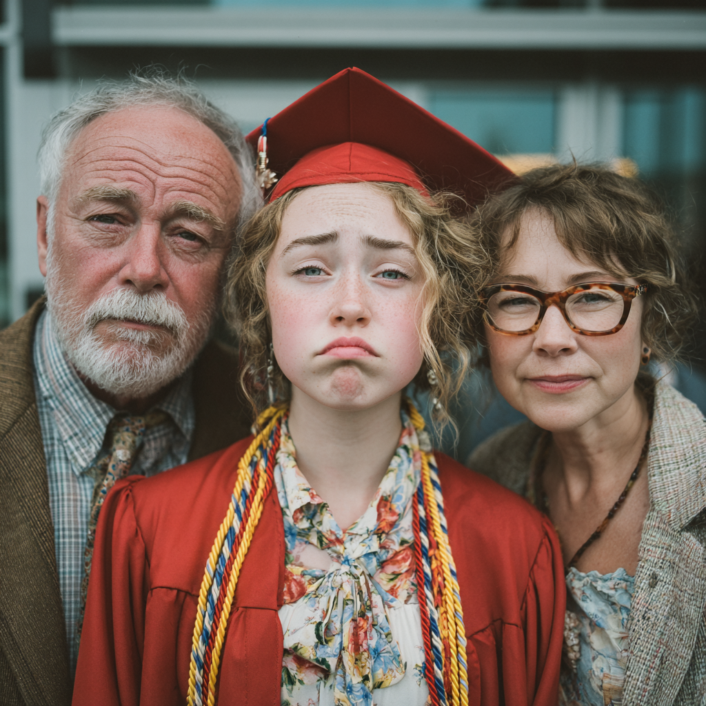 Un diplômé malheureux posant avec un couple | Source : Midjourney