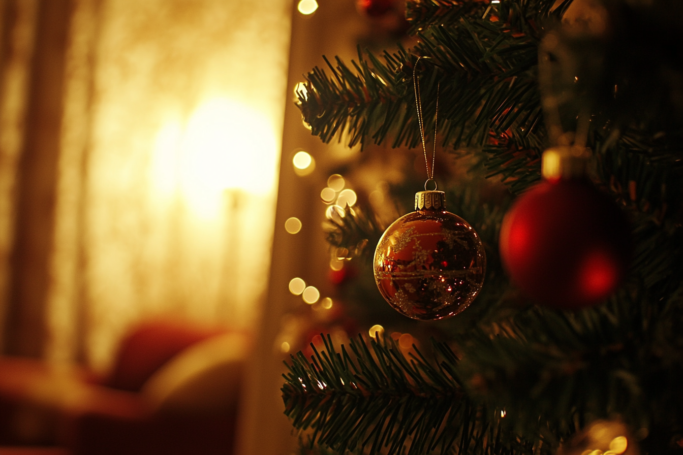 Gros plan sur un ornement de sapin de Noël | Source : Midjourney