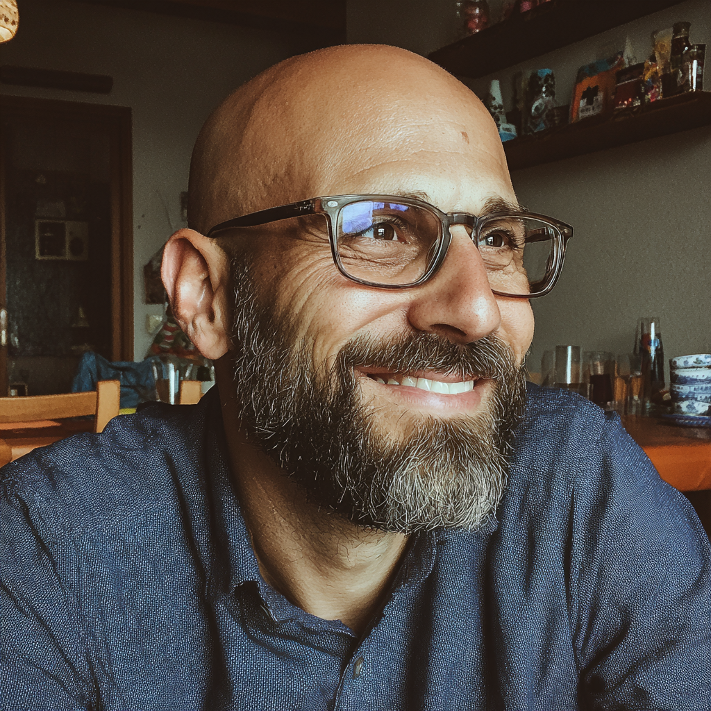 Un homme souriant assis à une table | Source : Midjourney