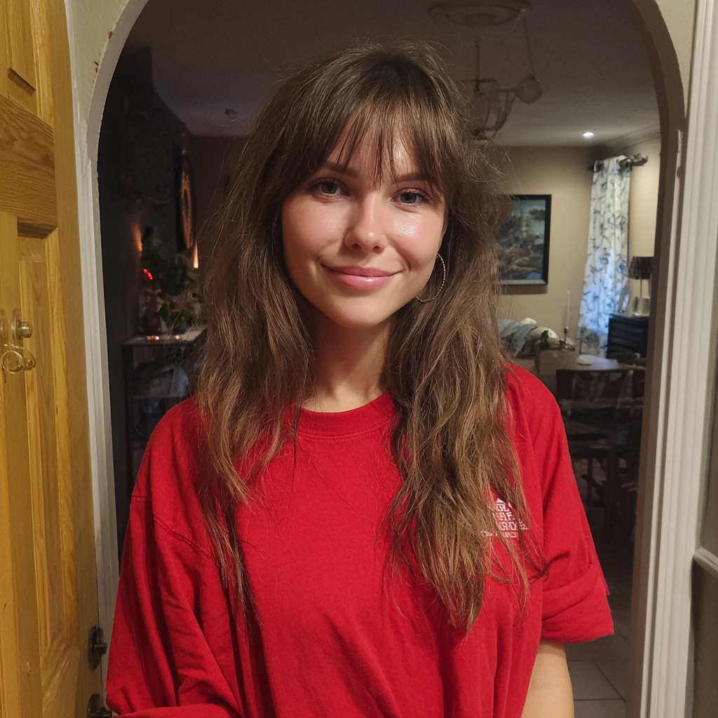 Une femme souriante portant un T-shirt rouge | Source : Midjourney