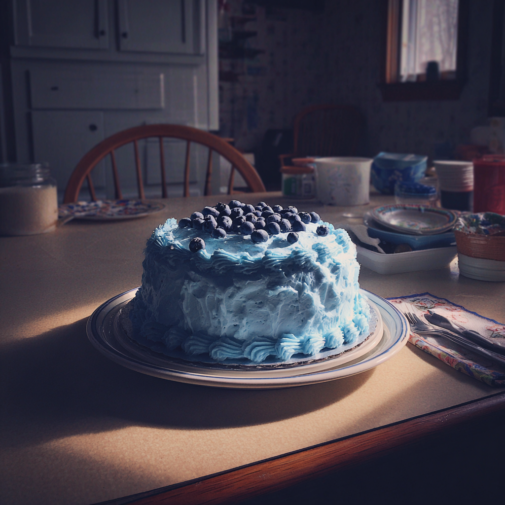 Un gâteau avec un glaçage bleu et des myrtilles | Source : Midjourney