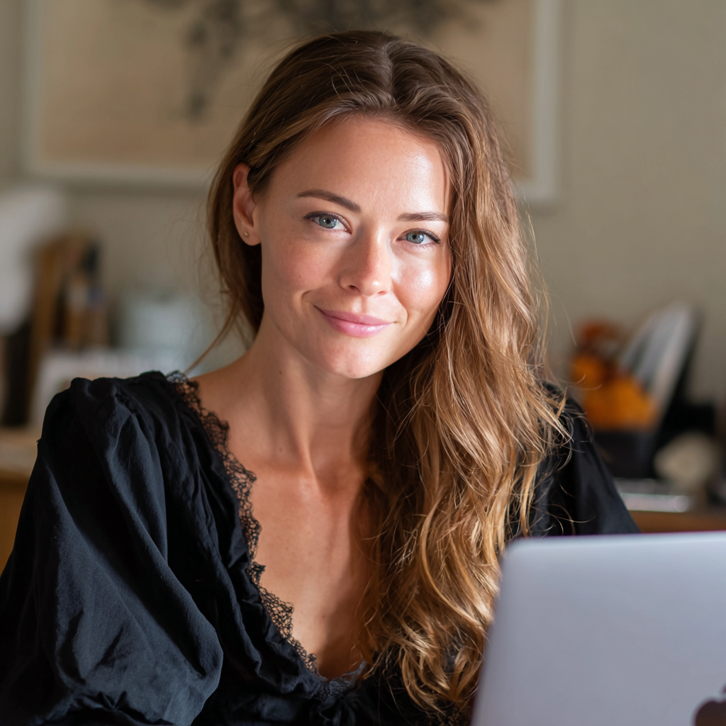 Une femme souriante portant un chemisier noir | Source : Midjourney