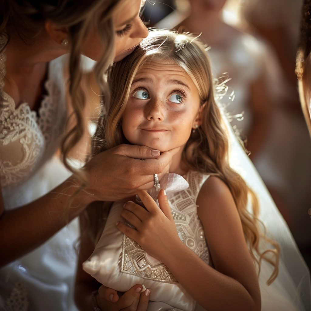 Une mariée embrassant la tête d'une petite fille | Source : Midjourney