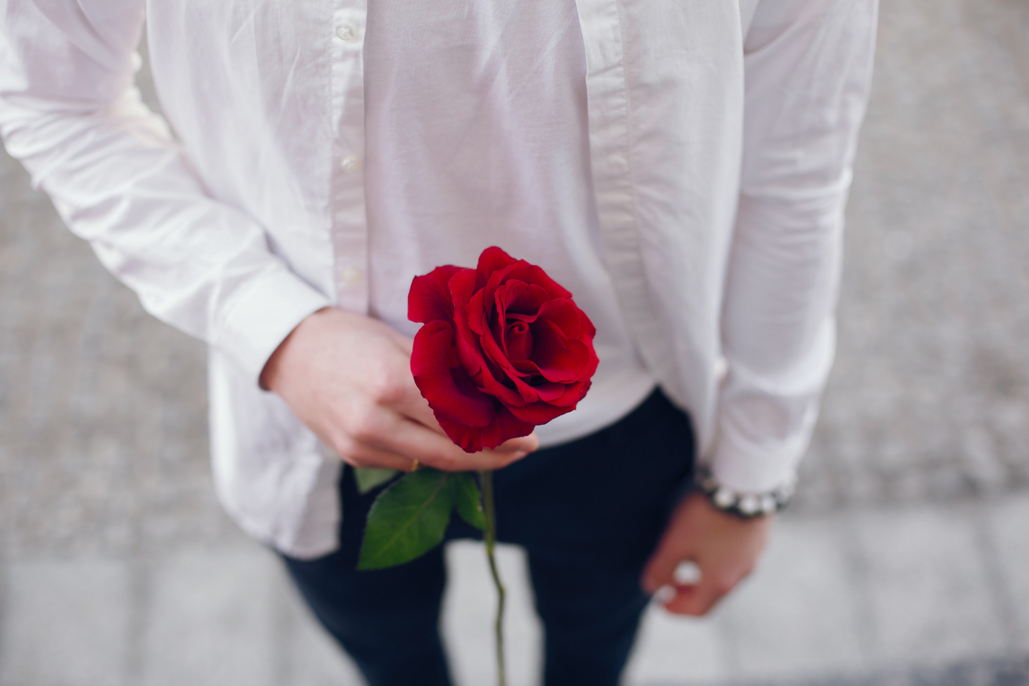 Un jeune homme tenant une tige de rose rouge | Source : Freepik