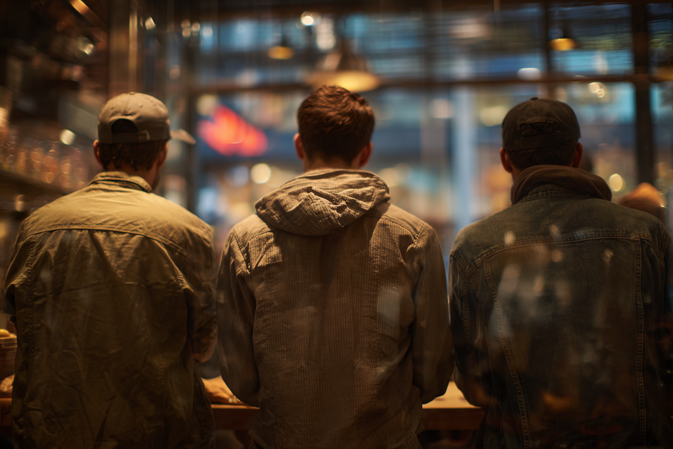 Trois hommes debout dans un café | Source : Midjourney