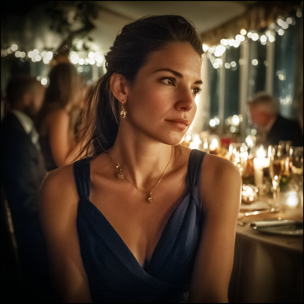 Une femme assise à une réception de mariage | Source : Midjourney