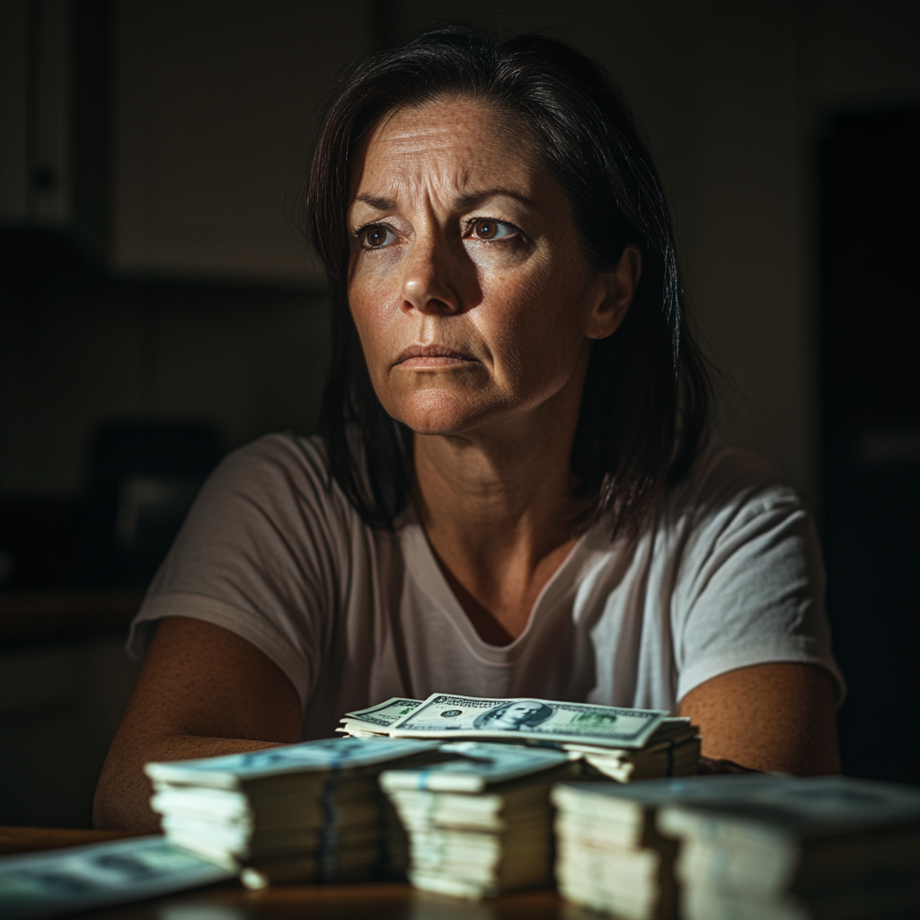 Une femme avec des liasses de billets devant elle | Source : Midjourney