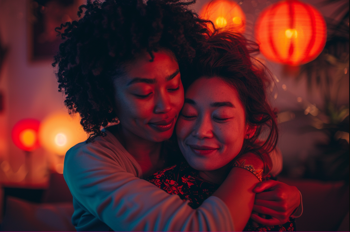 Une jeune femme serrant sa mère dans ses bras | Source : Midjourney