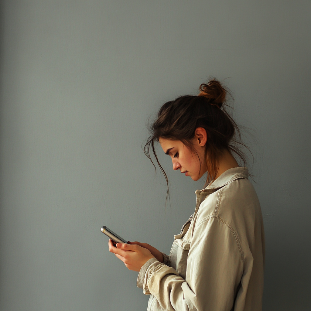 Une femme triste qui regarde son téléphone | Source : Midjourney