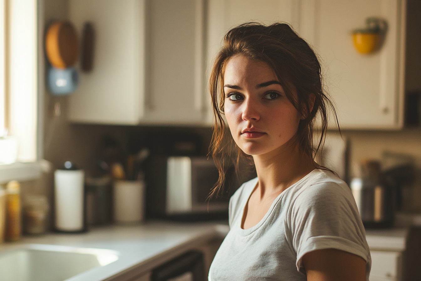 Une femme qui fixe quelqu'un dans une cuisine | Source : Midjourney