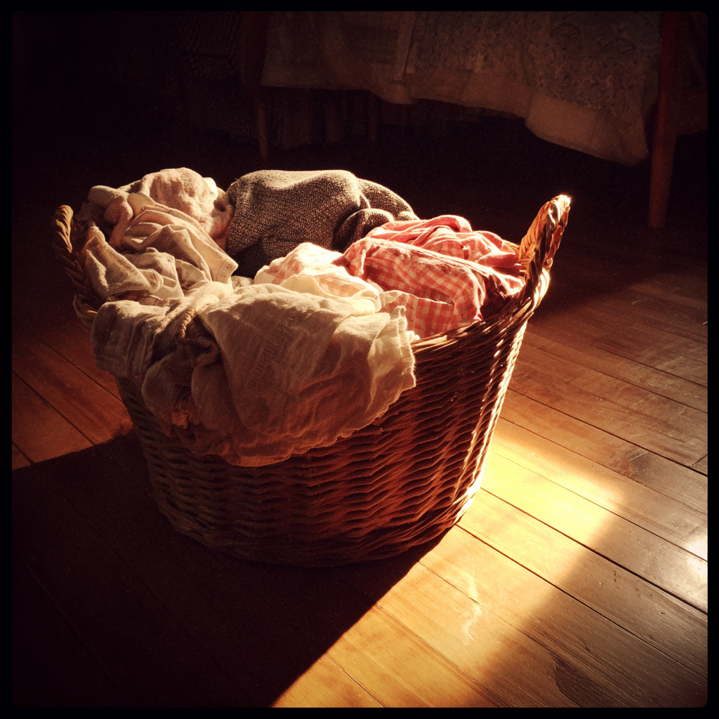 Un panier à linge sur le sol d'une chambre à coucher | Source : Midjourney