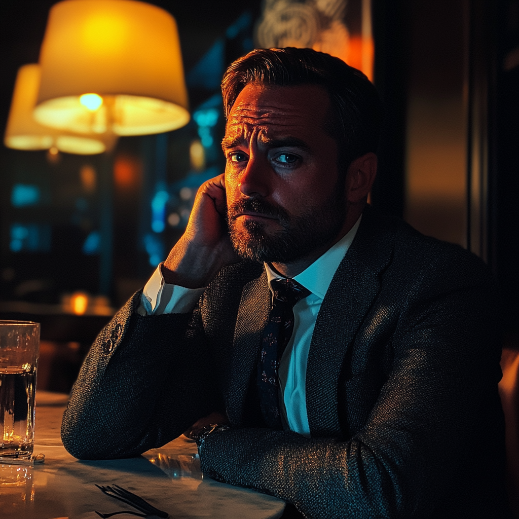 Un homme qui fronce les sourcils, assis à une table | Source : Midjourney