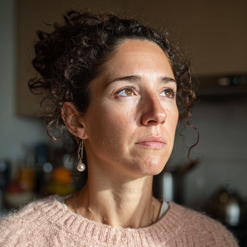 Une femme aux cheveux bouclés et au pull rose debout dans une cuisine | Source : Midjourney