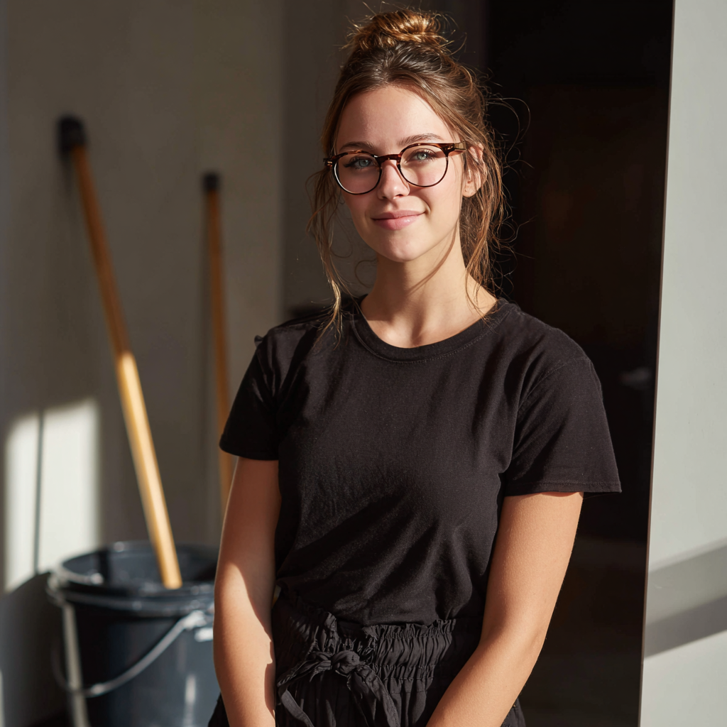 Une jeune femme souriante avec son matériel de nettoyage | Source : Midjourney
