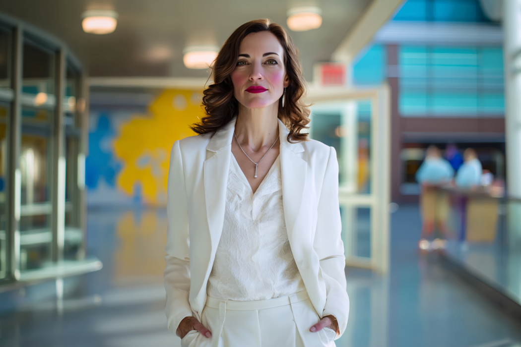 Une femme en blazer blanc debout dans un couloir d'hôpital | Source : Midjourney