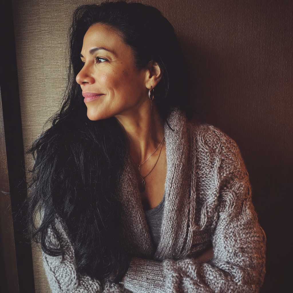 Une femme souriante portant un cardigan gris | Source : Midjourney