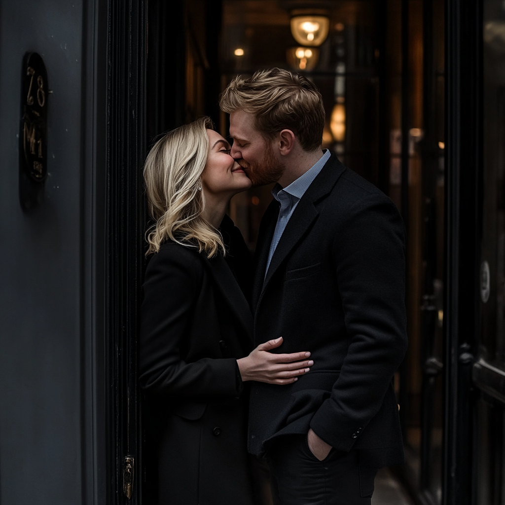 Un homme et une femme qui s'embrassent devant un immeuble | Source : Midjourney