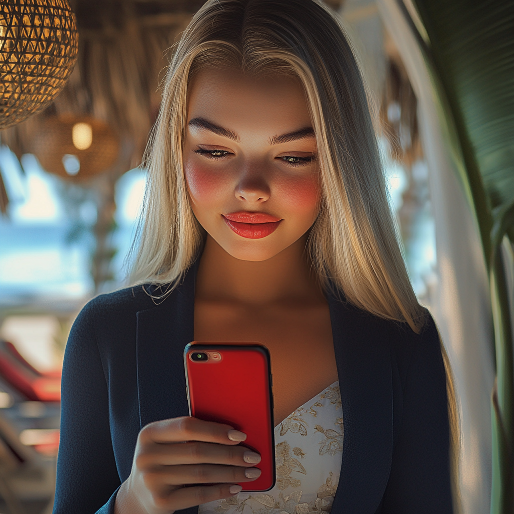 Une femme qui regarde son téléphone et sourit | Source : Midjourney