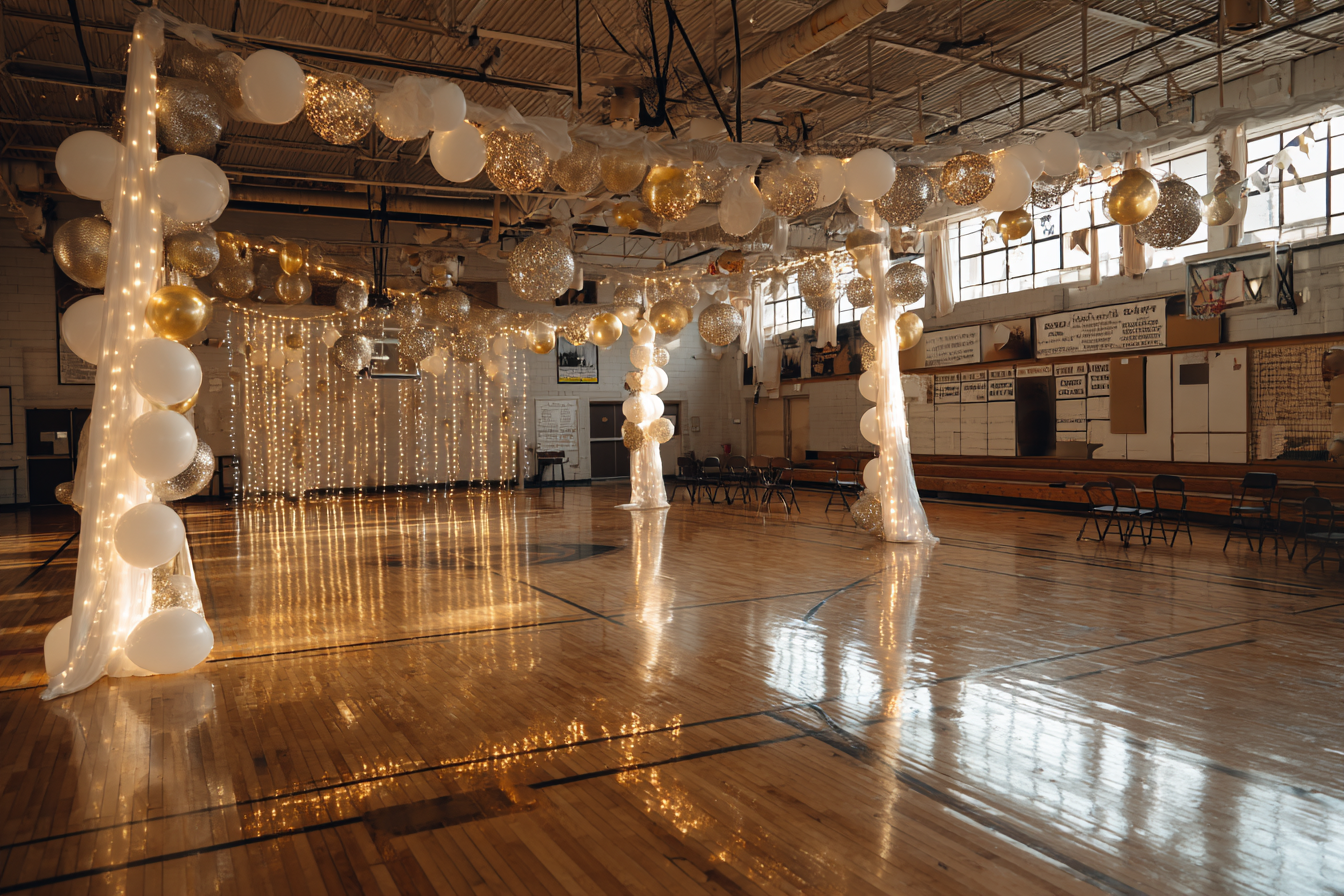 Un gymnase d'école décoré pour le bal de fin d'année | Source : Midjourney