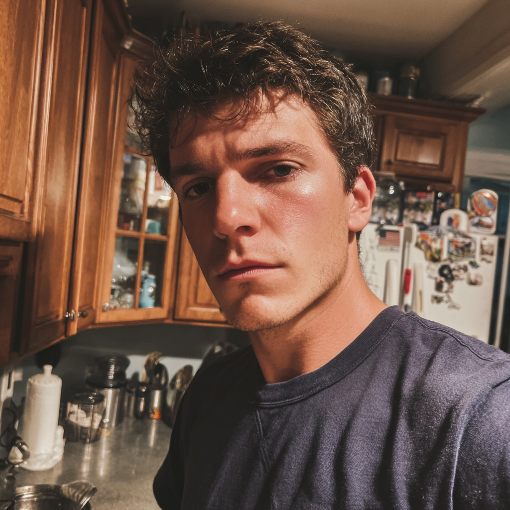 Un homme qui fronce les sourcils debout dans une cuisine | Source : Midjourney