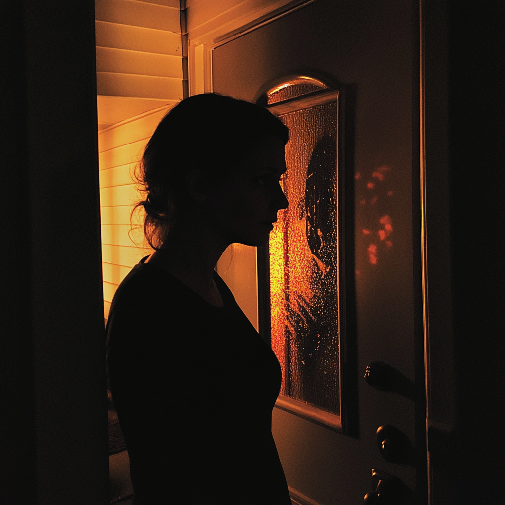Une femme debout devant sa porte d'entrée | Source : Midjourney