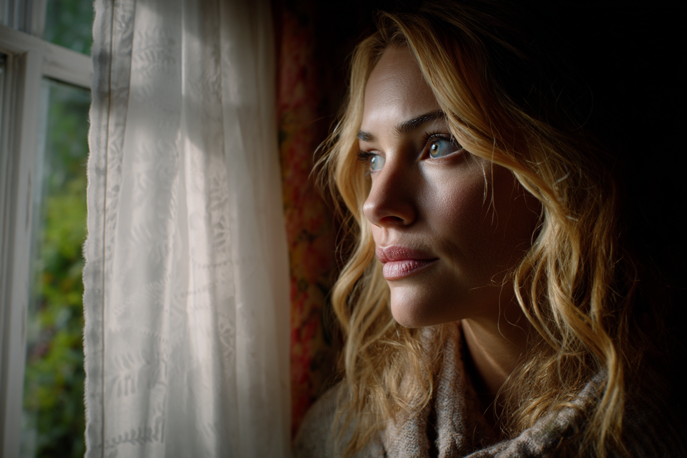 Une femme qui regarde par la fenêtre | Source : Midjourney