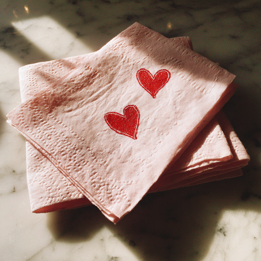 Des cœurs rouges sur une serviette rose | Source : Midjourney
