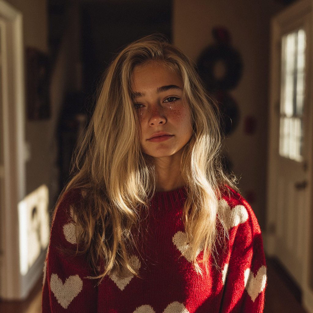 Une fille émotive portant un pull rouge | Source : Midjourney