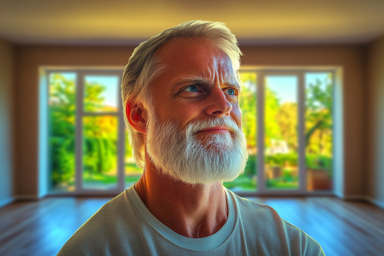 Un homme optimiste debout dans un salon non meublé | Source : Midjourney