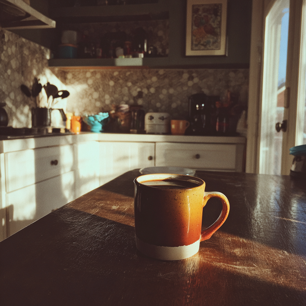 Une tasse de café sur une table de cuisine | Source : Midjourney