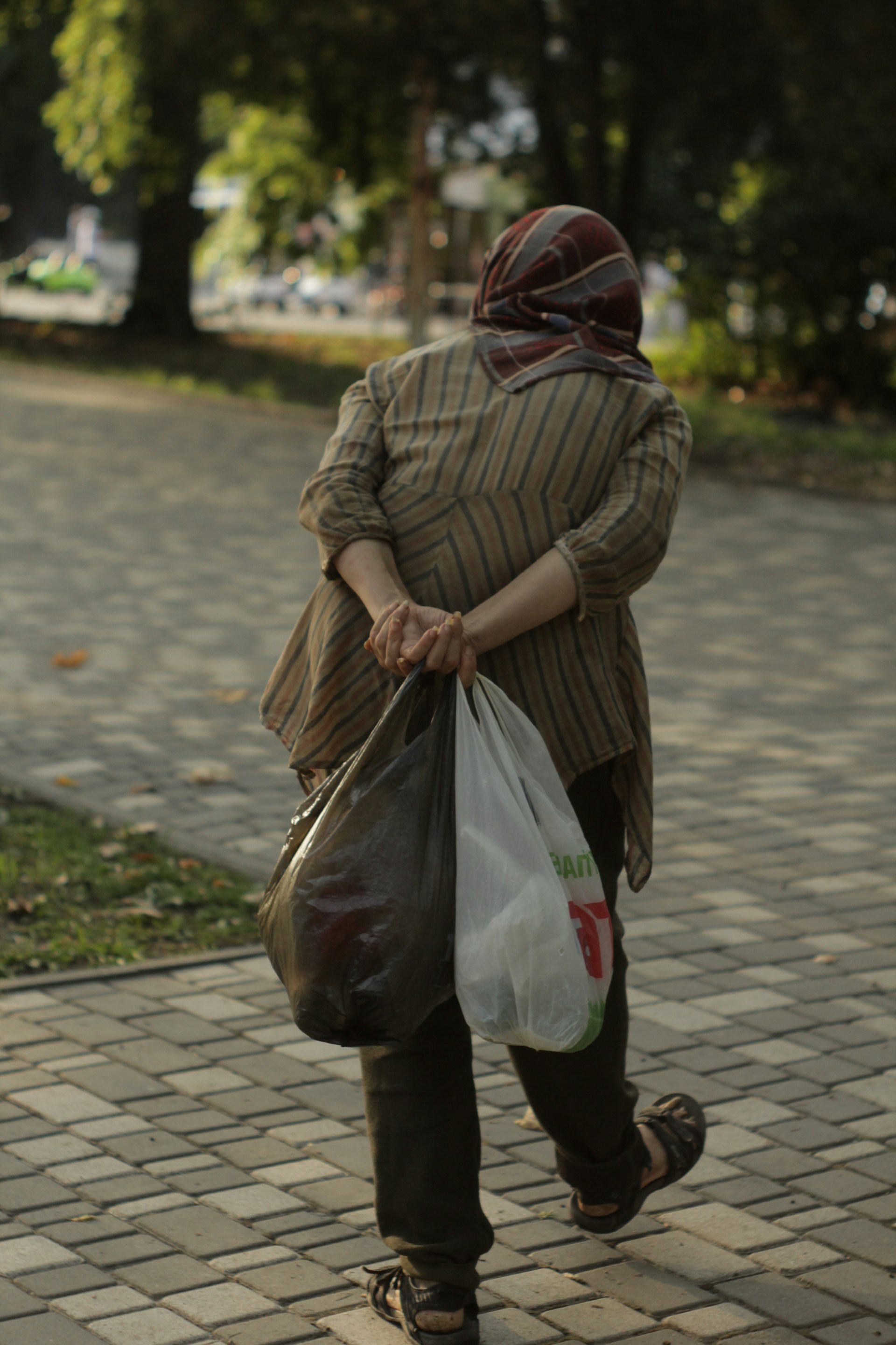Une femme âgée portant deux sacs en plastique et marchant dans la rue | Source : Unsplash