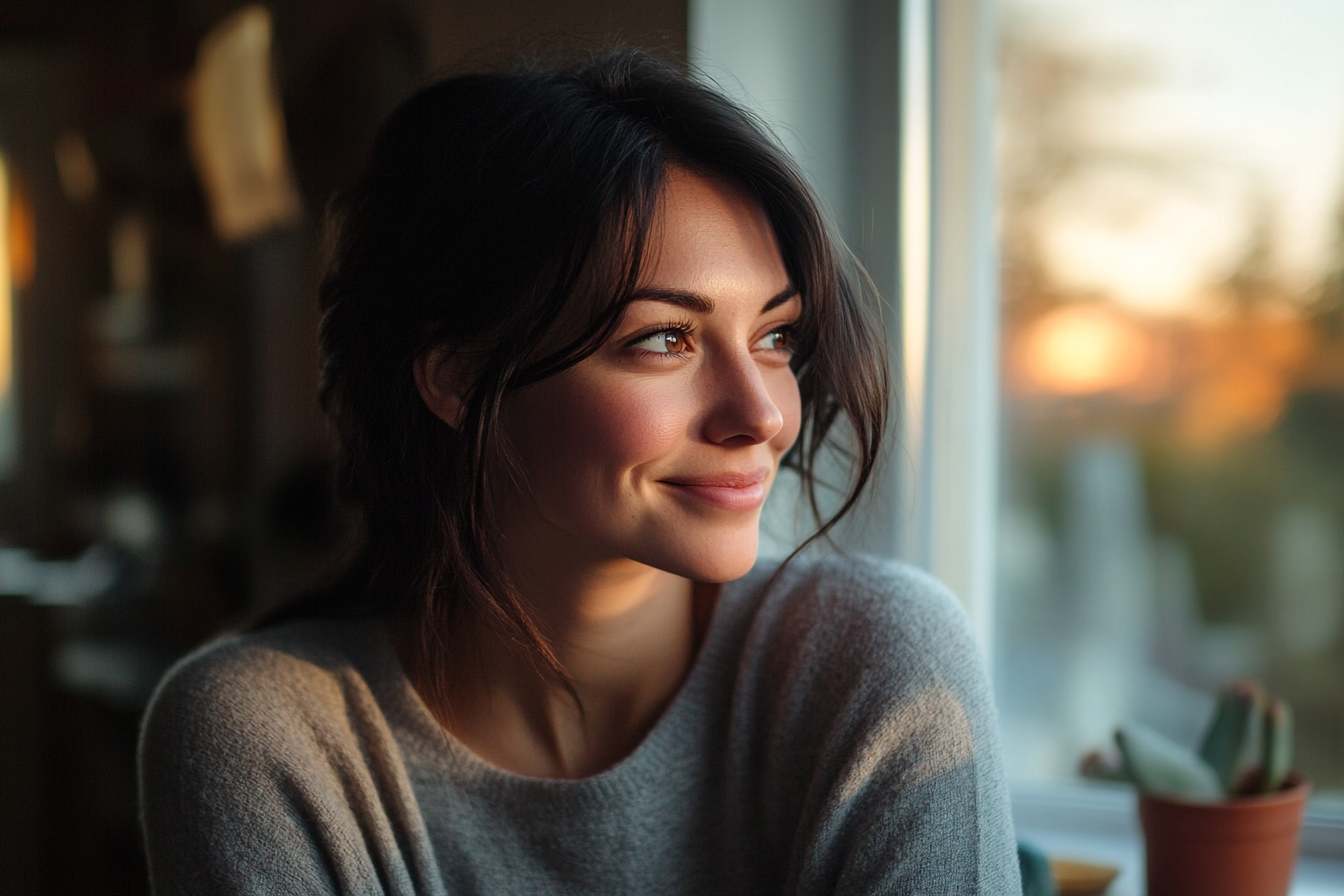 Une femme au sourire suffisant qui regarde par la fenêtre | Source : Midjourney