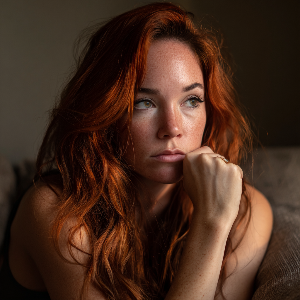 Une femme pensive assise sur un canapé | Source : Midjourney