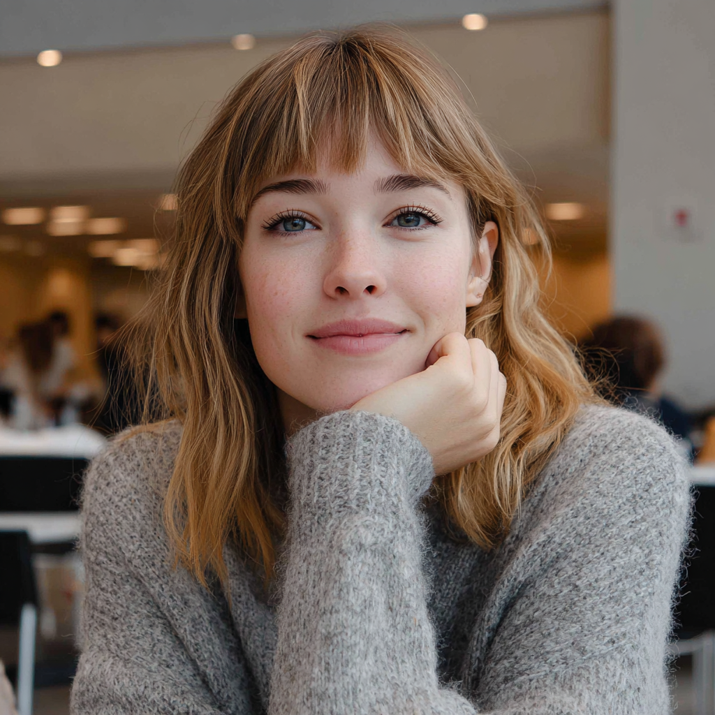 Une femme souriante avec un pull gris | Source : Midjourney