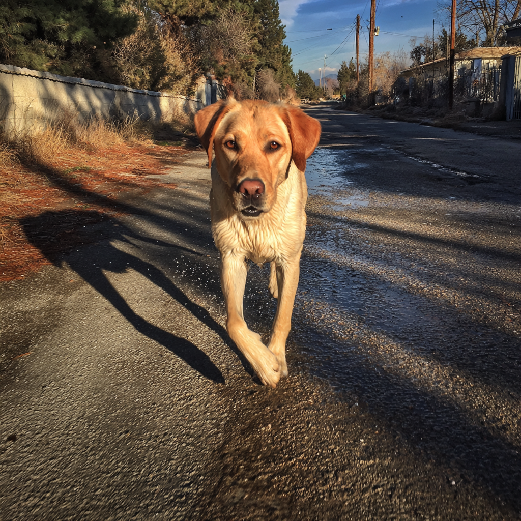 Un chien qui court sur une route | Source : Midjourney
