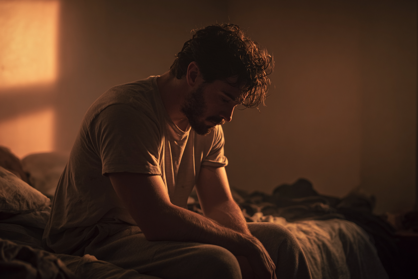 Un homme assis sur un lit | Source : Midjourney