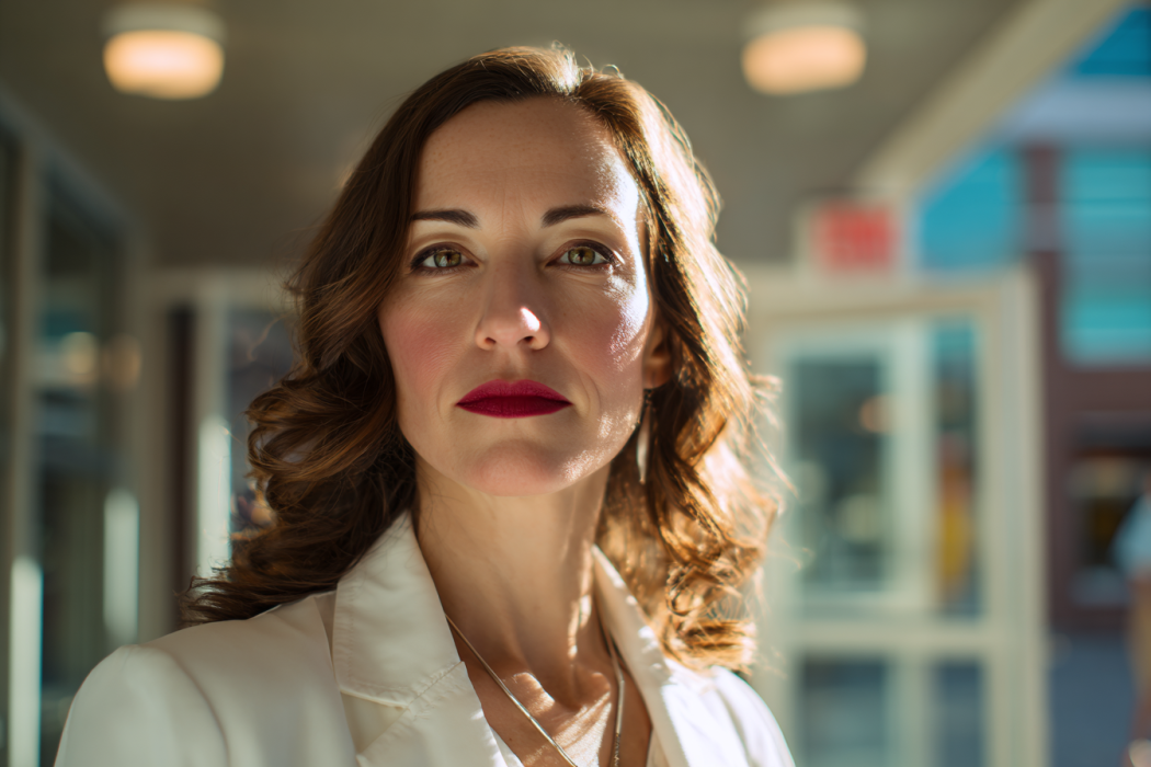 Gros plan sur une femme en blazer blanc debout près d'une cafétéria d'hôpital | Source : Midjourney