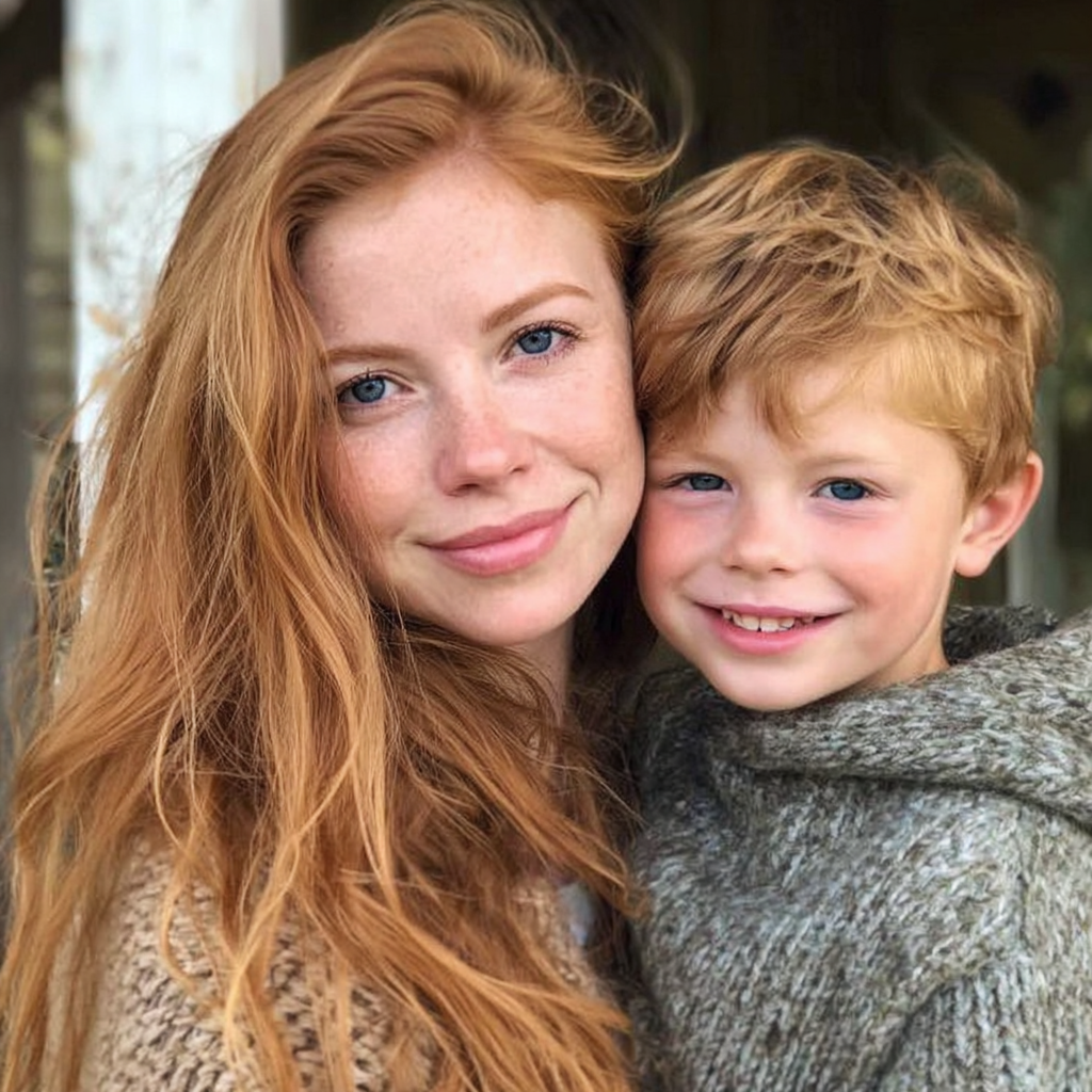 Une mère et son fils souriants se tenant à l'extérieur | Source : Midjourney