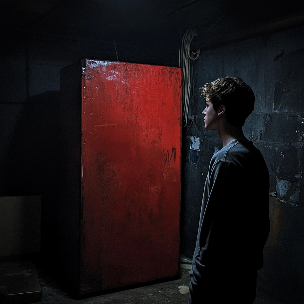 Jeune homme fixant une grande boîte rouge au sous-sol | Source : Midjourney